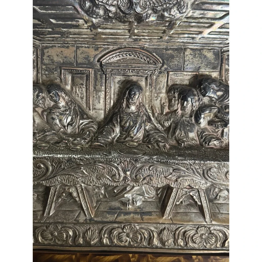 Vintage Last Supper 3D Relief Wall Art Silver Tone Framed Religious Plaque 20x12